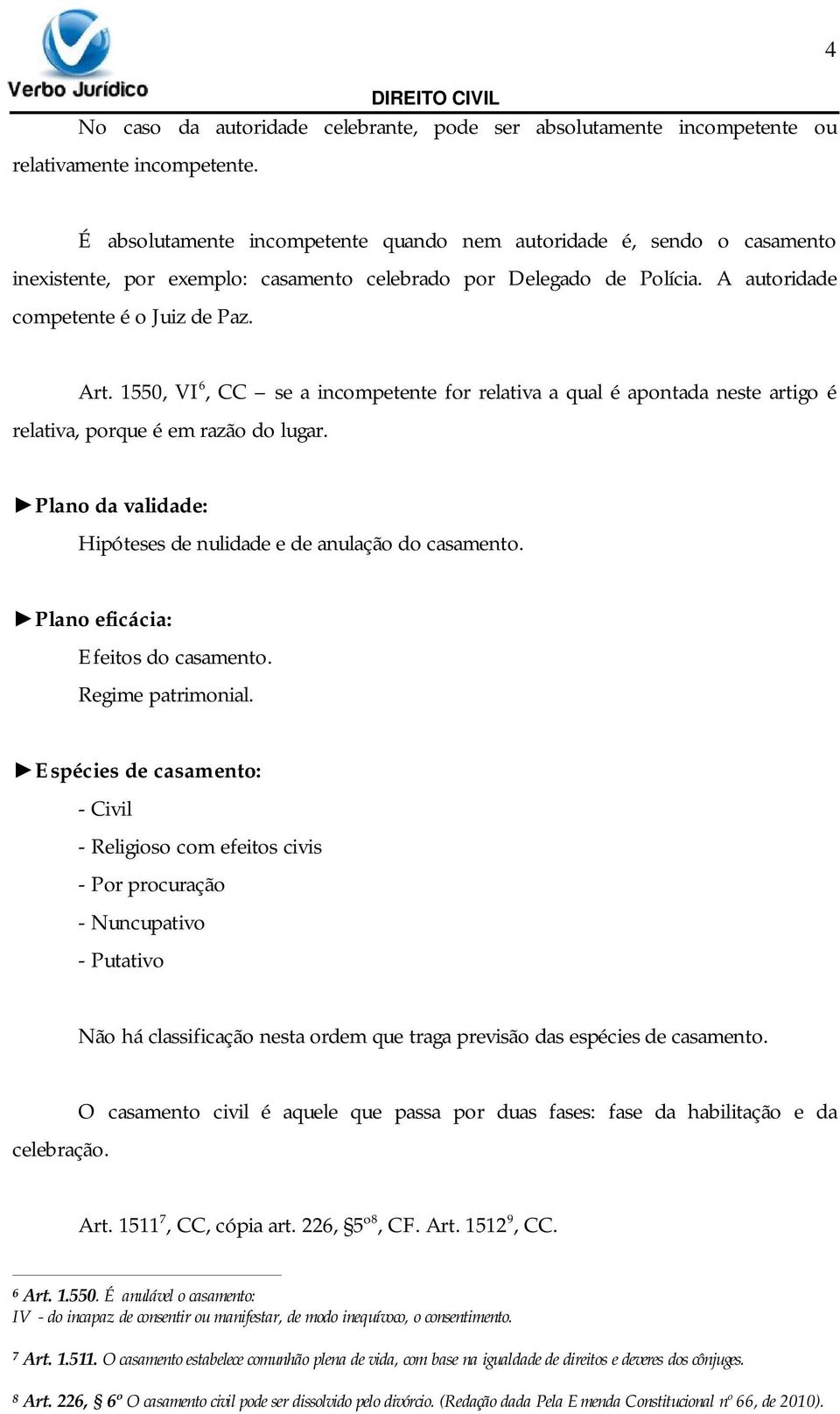 1550, VI 6, CC se a incompetente for relativa a qual é apontada neste artigo é relativa, porque é em razão do lugar. Plano da validade: Hipóteses de nulidade e de anulação do casamento.