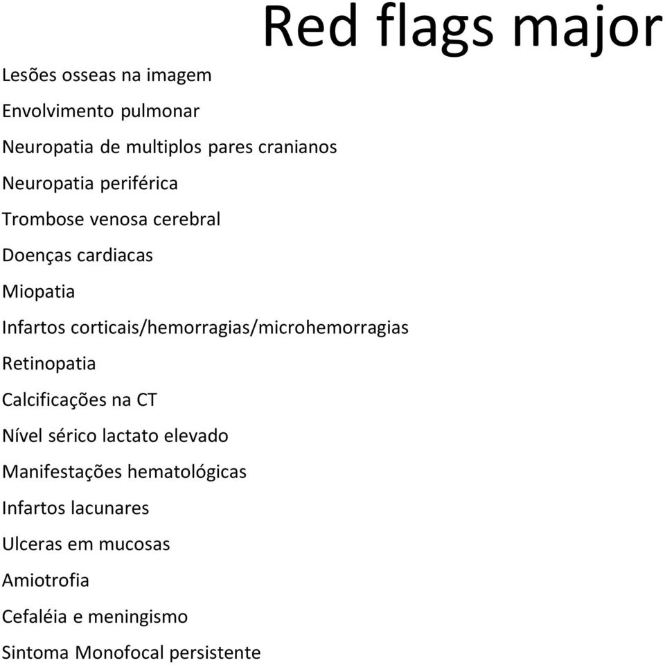 corticais/hemorragias/microhemorragias Retinopatia Calcificações na CT Nível sérico lactato elevado