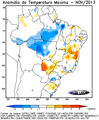 Figura 1 Precipitação total e anomalia de precipitação e de temperatura máxima em setembro de 2013 Figura 2 Precipitação total e anomalia de