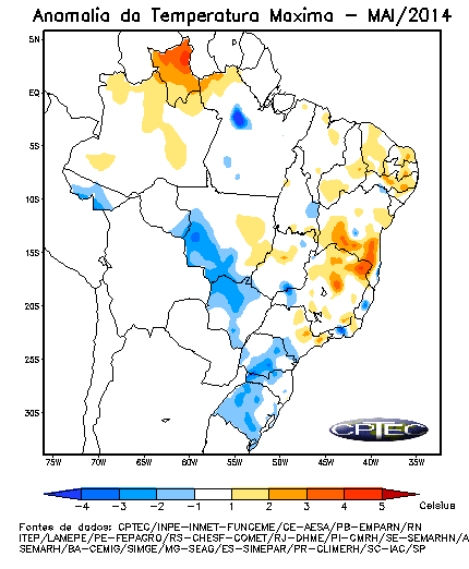 Figura 7 Precipitação total e anomalia de precipitação e de temperatura máxima em março de 2014 Figura 8 Precipitação total e anomalia de