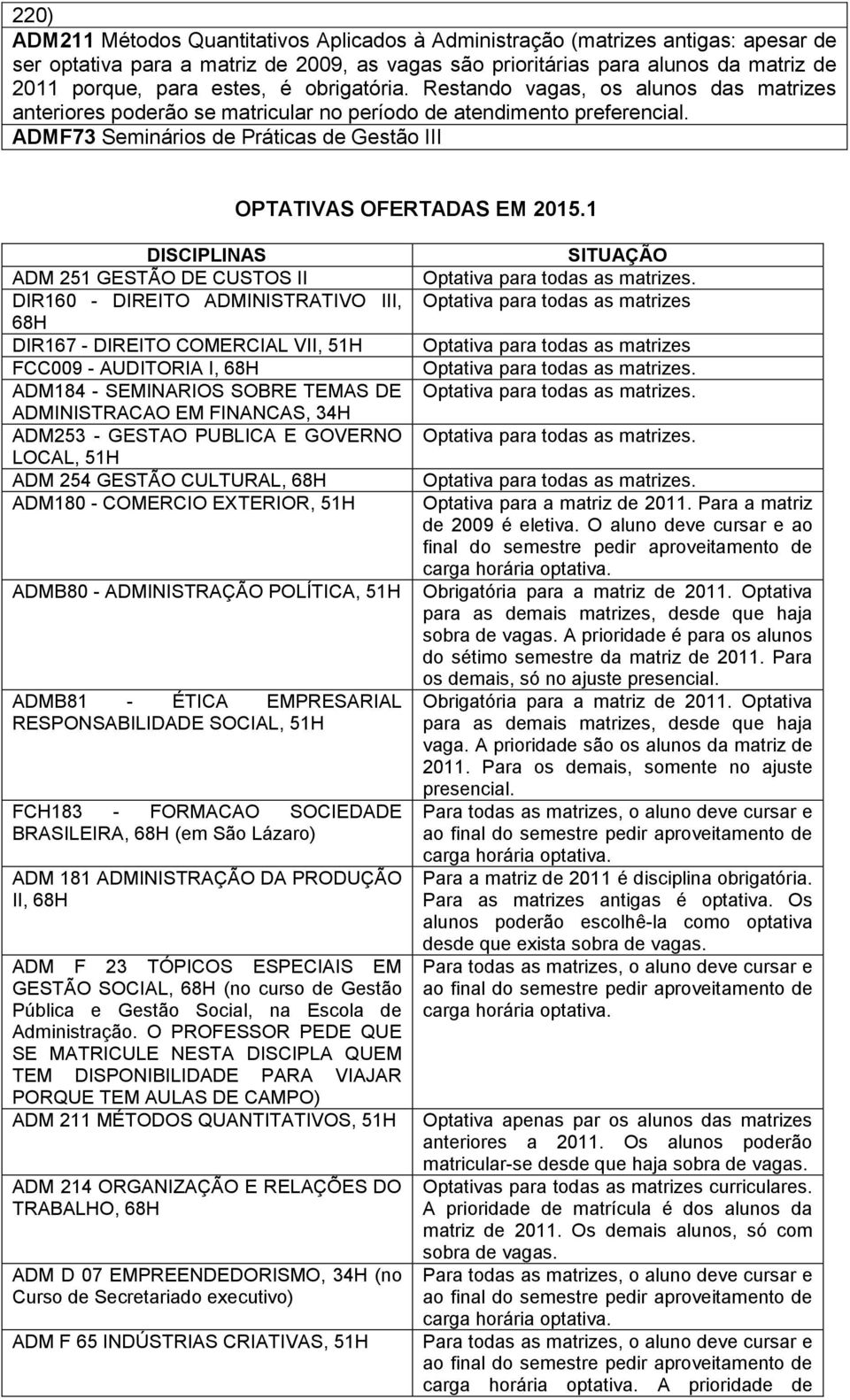 ADMF73 Seminários de Práticas de Gestão III OPTATIVAS OFERTADAS EM 2015.