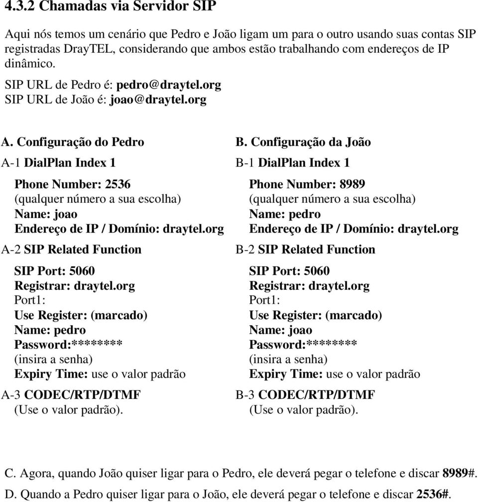 Configuração do Pedro A-1 DialPlan Index 1 Phone Number: 2536 (qualquer número a sua escolha) Name: joao Endereço de IP / Domínio: draytel.