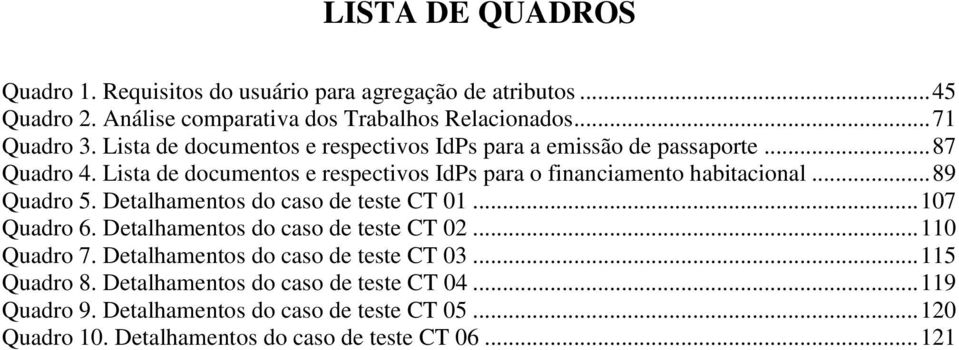 .. 89 Quadro 5. Detalhamentos do caso de teste CT 01... 107 Quadro 6. Detalhamentos do caso de teste CT 02... 110 Quadro 7. Detalhamentos do caso de teste CT 03.