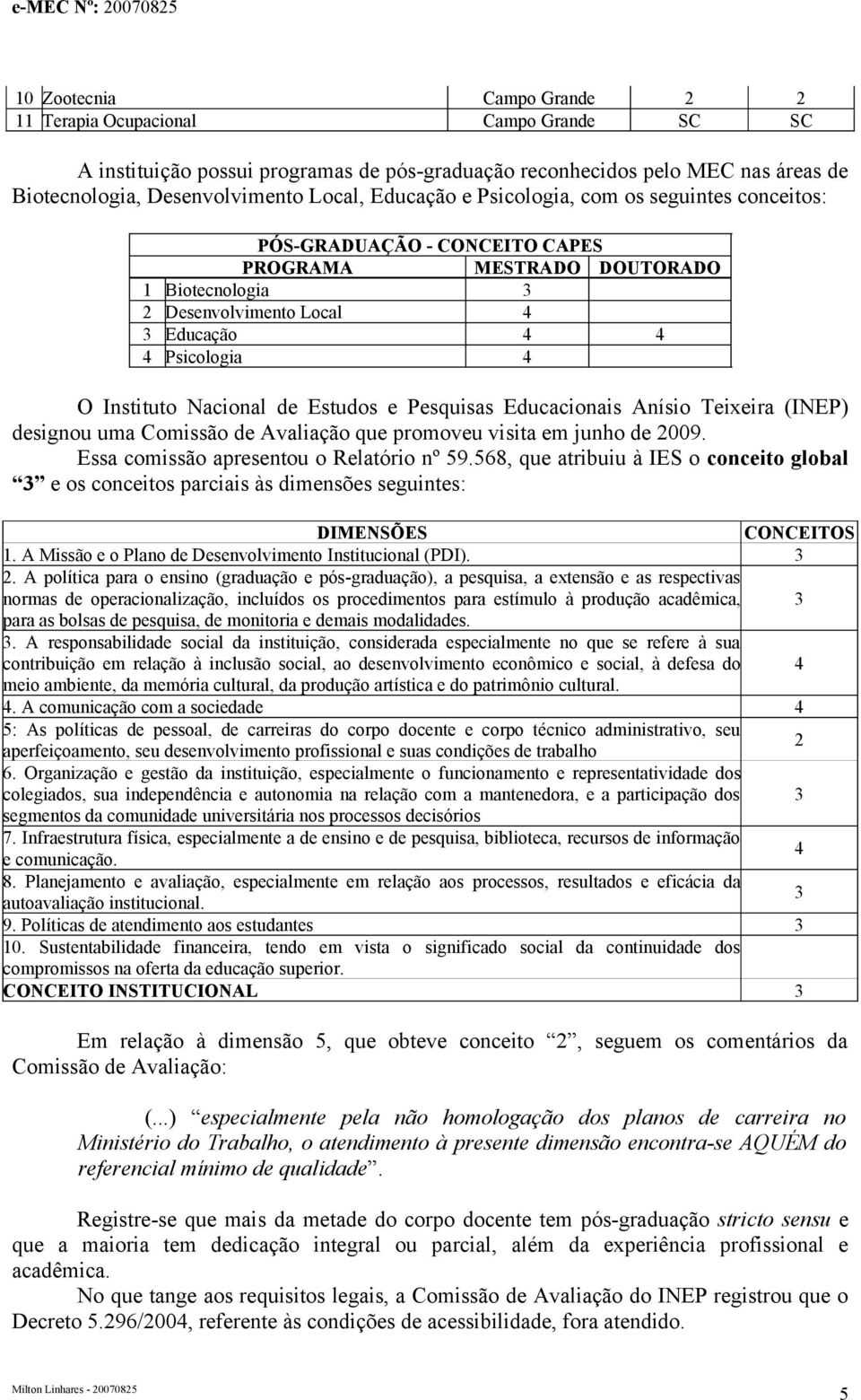 Nacional de Estudos e Pesquisas Educacionais Anísio Teixeira (INEP) designou uma Comissão de Avaliação que promoveu visita em junho de 2009. Essa comissão apresentou o Relatório nº 59.