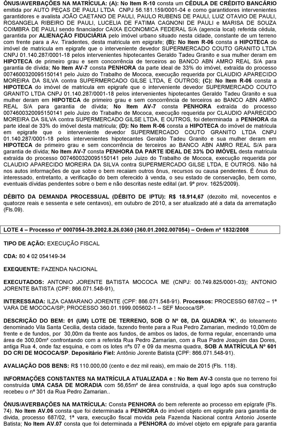 PAULI e MARISA DE SOUZA COIMBRA DE PAULI sendo financiador CAIXA ECONOMICA FEDERAL S/A (agencia local) referida cédula, garantida por ALIENAÇÃO FIDUCIÁRIA pelo imóvel urbano situado nesta cidade,