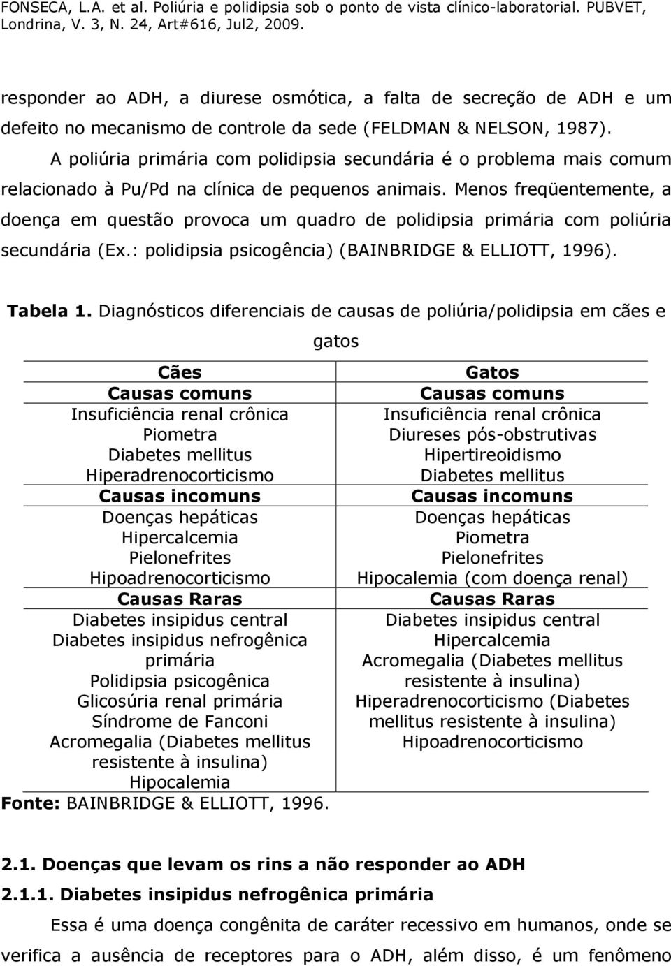 Menos freqüentemente, a doença em questão provoca um quadro de polidipsia primária com poliúria secundária (Ex.: polidipsia psicogência) (BAINBRIDGE & ELLIOTT, 1996). Tabela 1.