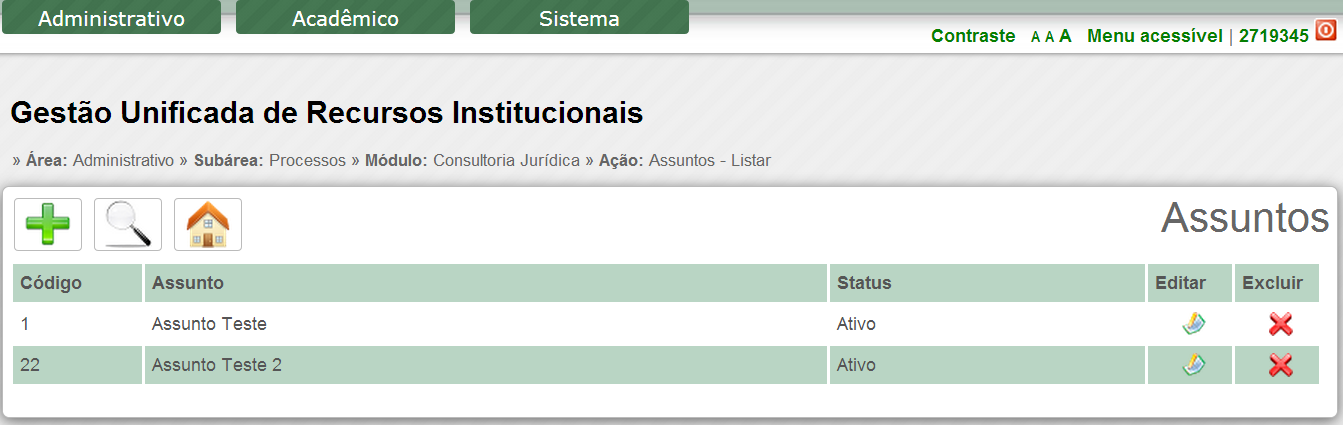 O cadastro de assunto necessita que seja definido um assunto e um status, esse status pode ser ativo ou inativo. Os campos código e data de alteração são preenchidos automaticamente.