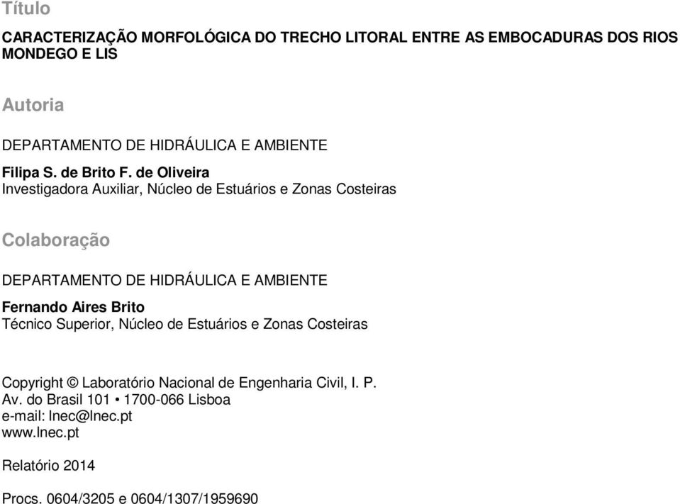 de Oliveira Investigadora Auxiliar, Núcleo de Estuários e Zonas Costeiras Colaboração DEPARTAMENTO DE HIDRÁULICA E AMBIENTE Fernando