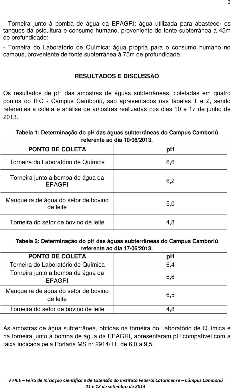 RESULTADOS E DISCUSSÃO Os resultados de das amostras de águas subterrâneas, coletadas em quatro pontos do IFC - Campus Camboriú, são apresentados nas tabelas 1 e 2, sendo referentes a coleta e