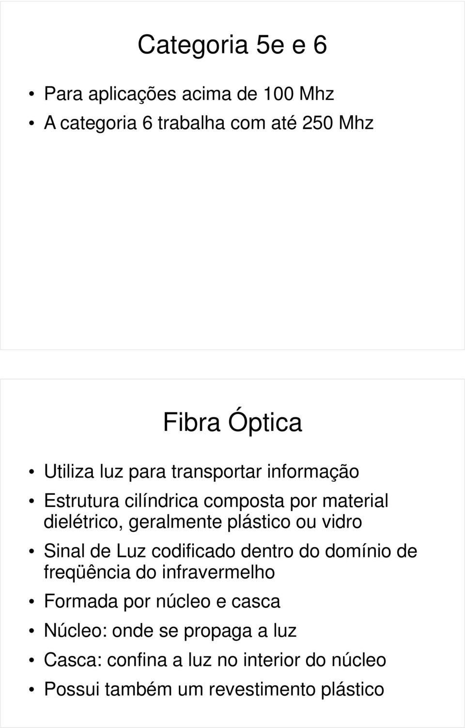 vidro Sinal de Luz codificado dentro do domínio de freqüência do infravermelho Formada por núcleo e casca