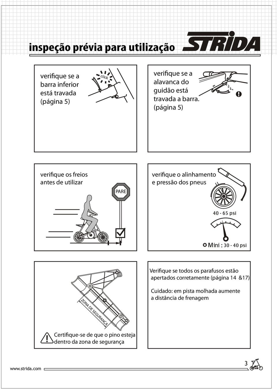 (página 5) verifique os freios antes de utilizar PARE verifique o alinhamento e pressão dos pneus Verifique se
