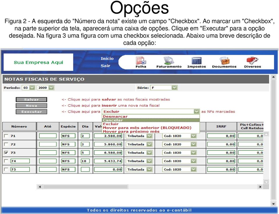 Ao marcar um "Checkbox", na parte superior da tela, aparecerá uma caixa de