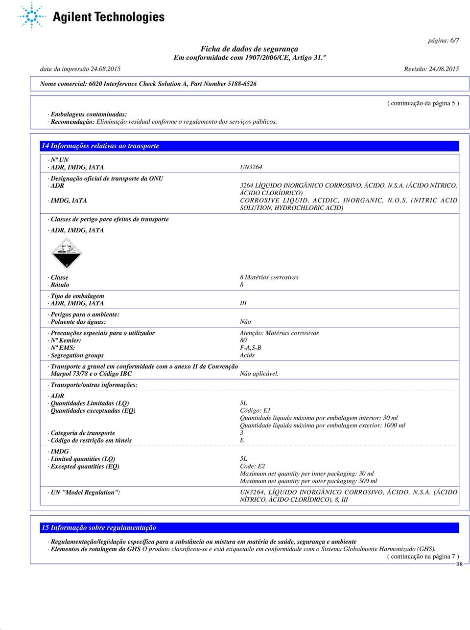 O.S. (NITRIC ACID SOLUTION, HYDROCHLORIC ACID) Classes de perigo para efeitos de transporte ADR, IMDG, IATA Classe 8 Matérias corrosivas Rótulo 8 Tipo de embalagem ADR, IMDG, IATA III Perigos para o