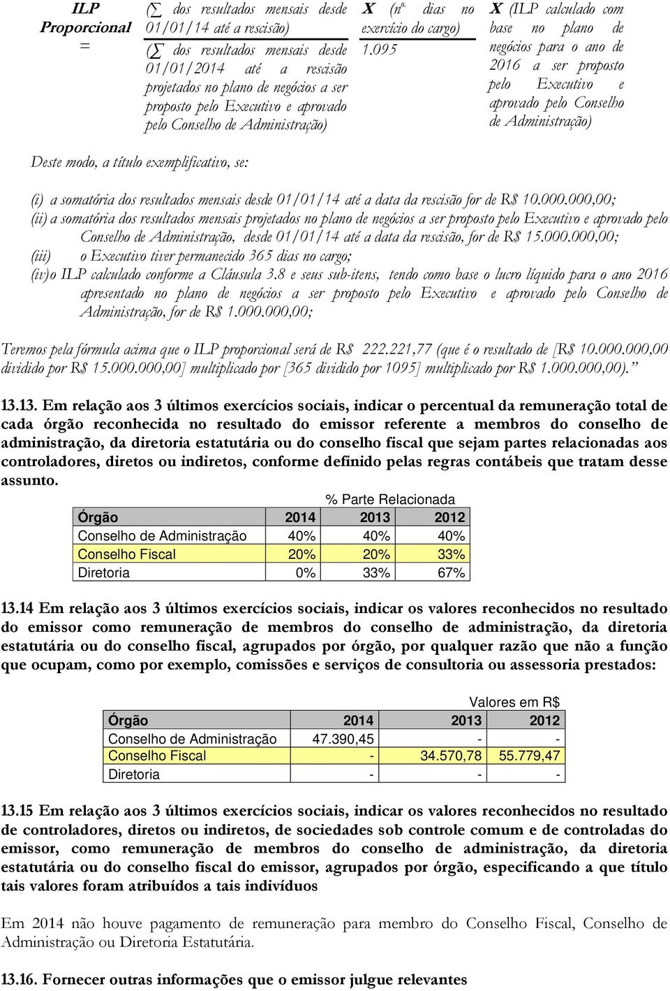 095 X (ILP calculado com base no plano de negócios para o ano de 2016 a ser proposto pelo Executivo e aprovado pelo Conselho de Administração) (i) a somatória dos resultados mensais desde 01/01/14