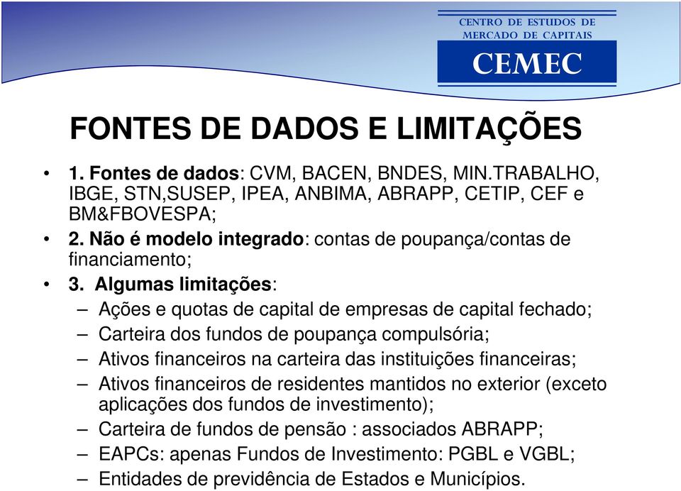 Algumas limitações: Ações e quotas de capital de empresas de capital fechado; Carteira dos fundos de poupança compulsória; Ativos financeiros na carteira das