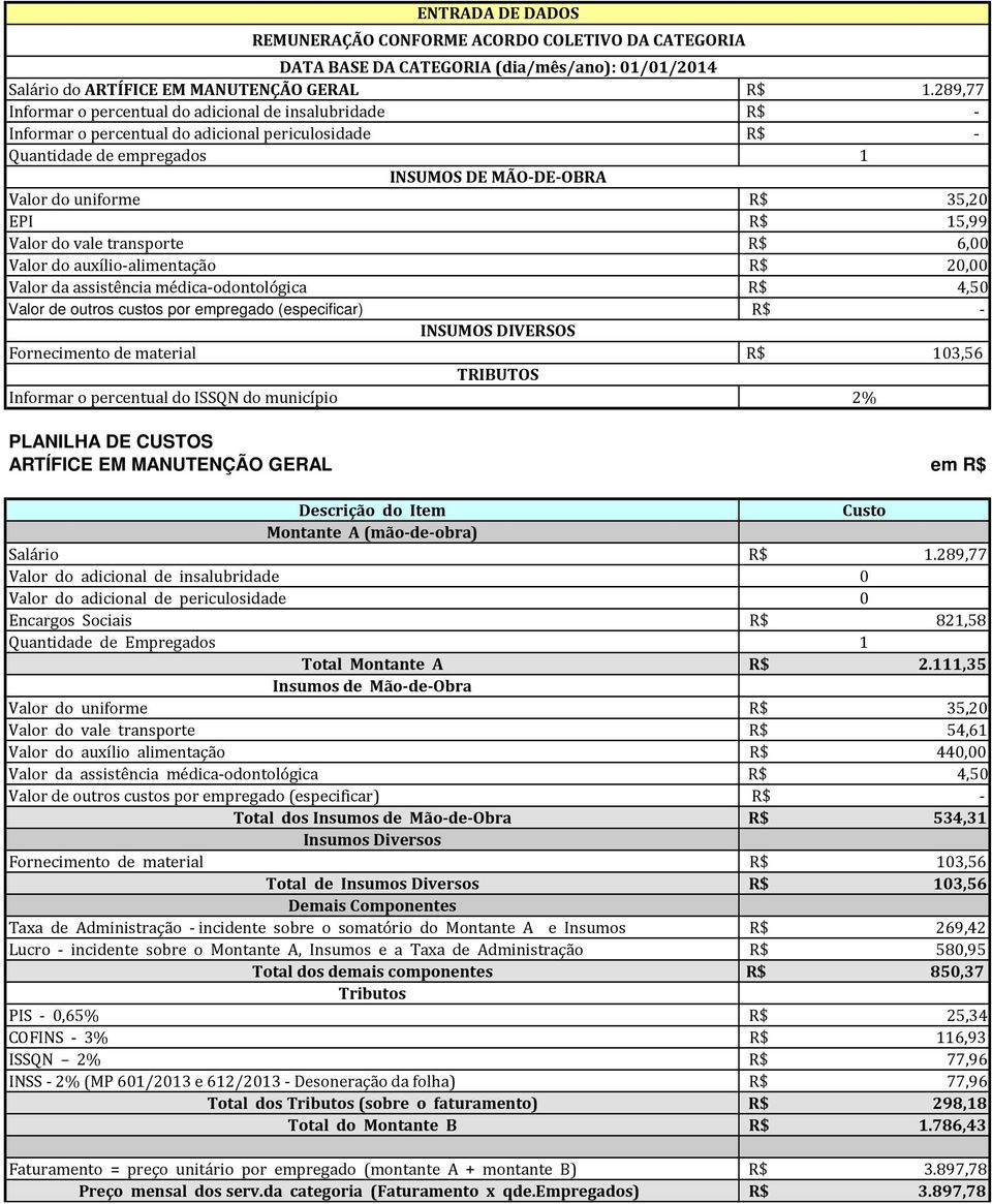 111,35 Valor do vale transporte R$ 54,61 Total dos R$ 534,31 Fornecimento de material R$ 103,56 Total de R$ 103,56 Taxa de Administração - incidente sobre o somatório do Montante A e Insumos R$