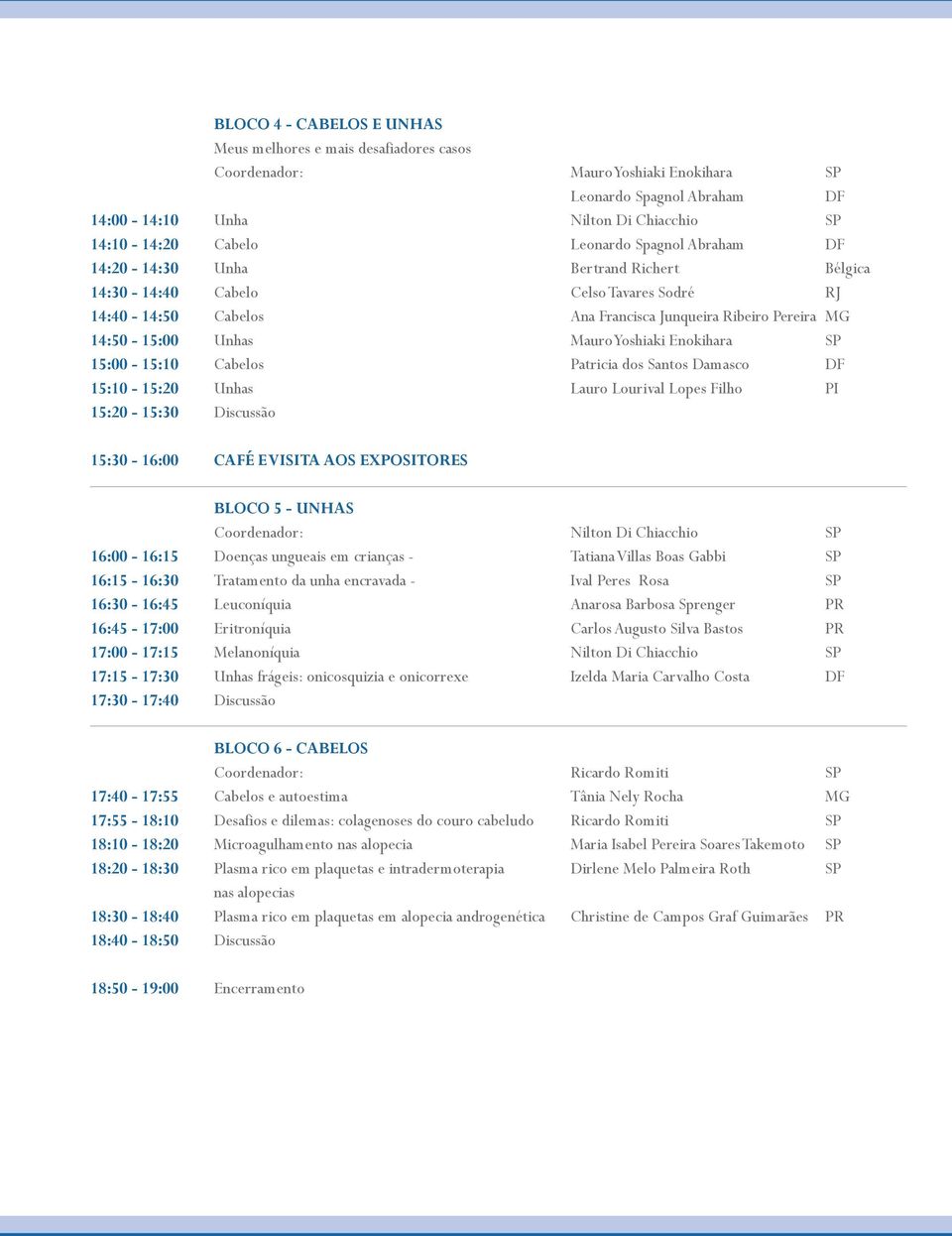 Enokihara 15:00-15:10 Cabelos Patricia dos Santos Damasco DF 15:10-15:20 Unhas Lauro Lourival Lopes Filho PI 15:20-15:30 Discussão 15:30-16:00 CAFÉ E VISITA AOS EXPOSITORES BLOCO 5 - UNHAS