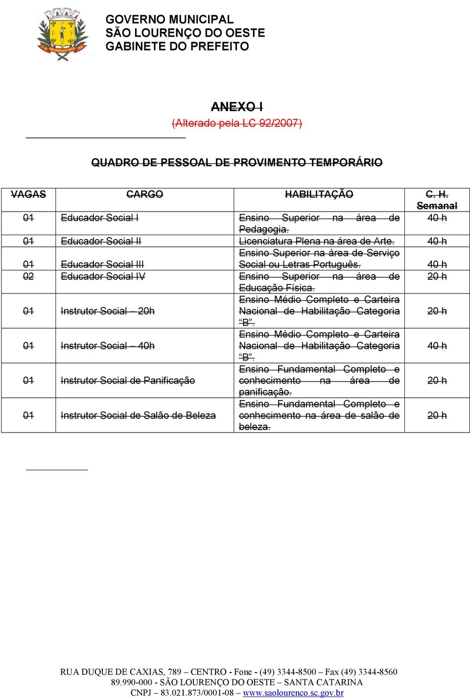 40 h 02 Educador Social IV Ensino Superior na área de 20 h Educação Física. 01 Instrutor Social 20h Ensino Médio Completo e Carteira Nacional de Habilitação Categoria 20 h B.