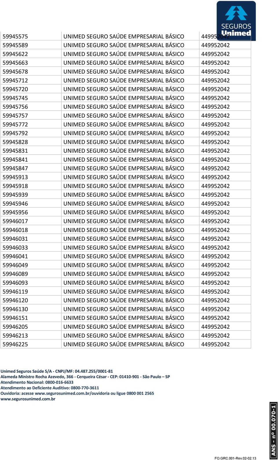 449952042 59945745 UNIMED SEGURO SAÚDE EMPRESARIAL BÁSICO 449952042 59945756 UNIMED SEGURO SAÚDE EMPRESARIAL BÁSICO 449952042 59945757 UNIMED SEGURO SAÚDE EMPRESARIAL BÁSICO 449952042 59945772 UNIMED