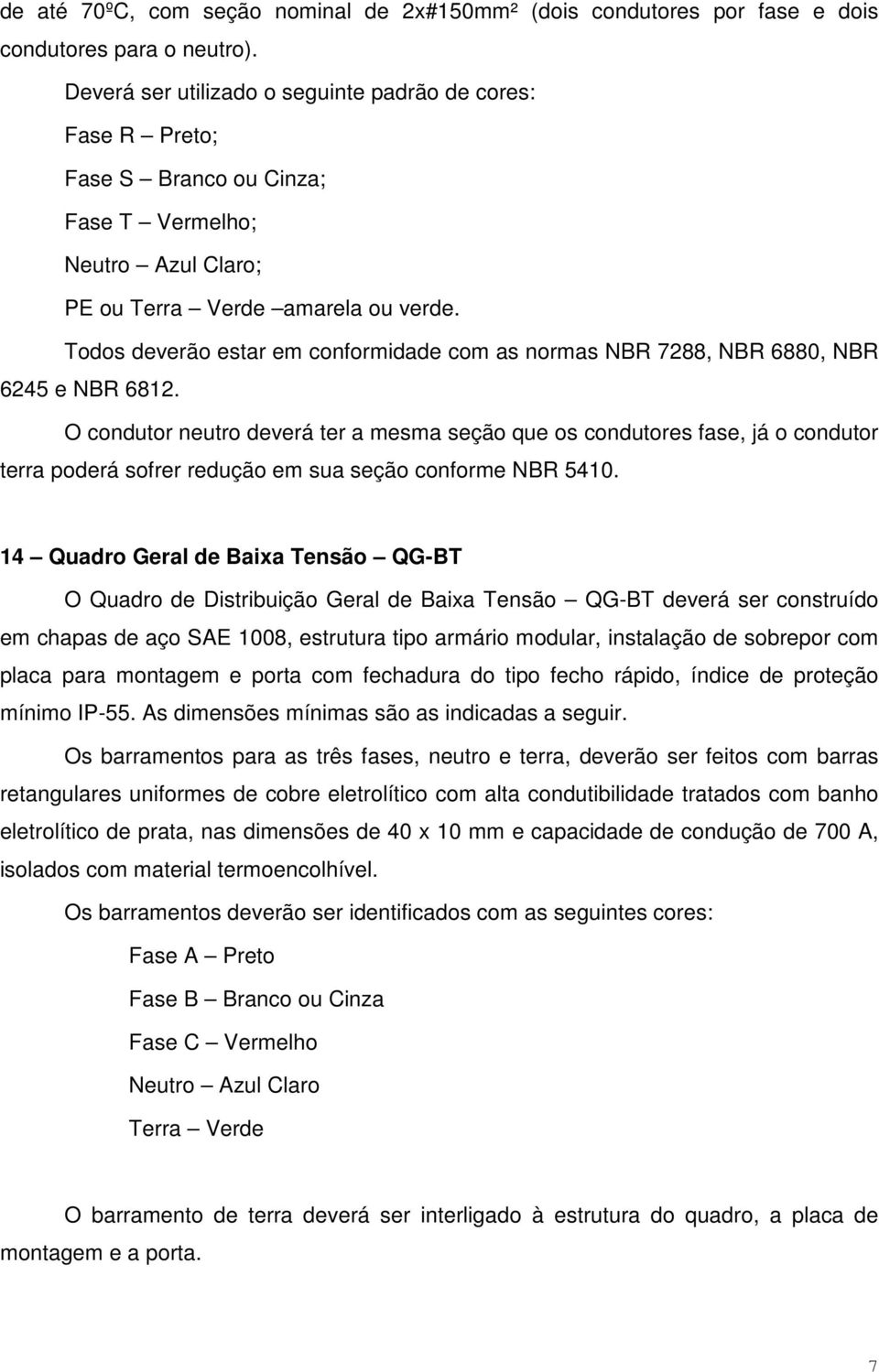 Todos deverão estar em conformidade com as normas NBR 7288, NBR 6880, NBR 6245 e NBR 6812.