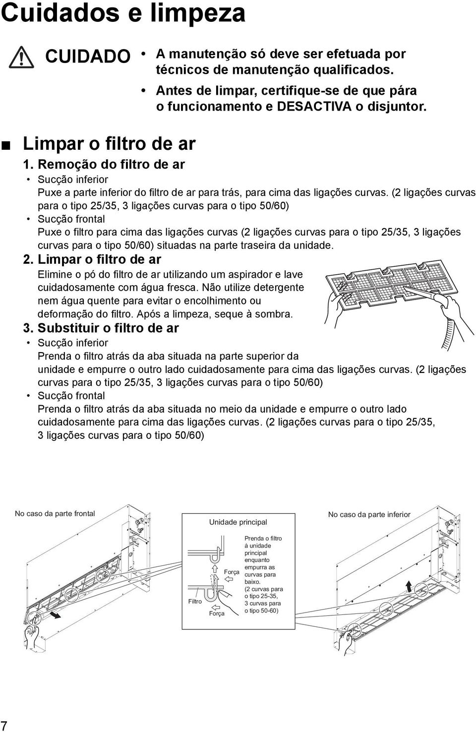 (2 ligações curvas para o tipo 25/35, 3 ligações curvas para o tipo 50/60) Sucção frontal Puxe o filtro para cima das ligações curvas (2 ligações curvas para o tipo 25/35, 3 ligações curvas para o