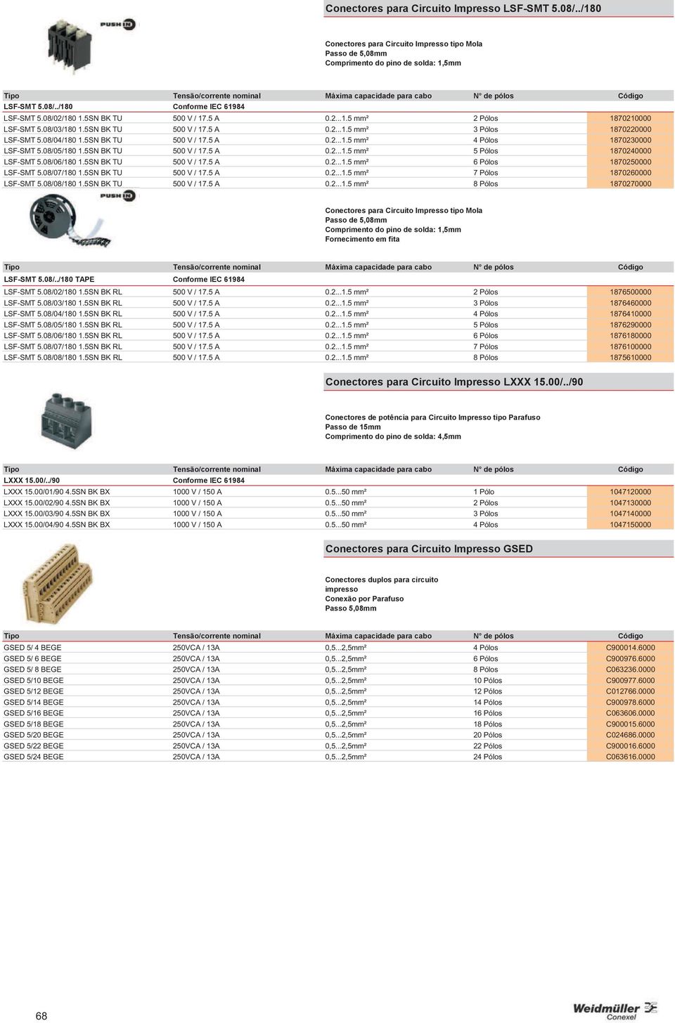 08/05/180 1.5SN BK TU 500 V / 17.5 A 0.2...1.5 mm² 5 Pólos 1870240000 LSF-SMT 5.08/06/180 1.5SN BK TU 500 V / 17.5 A 0.2...1.5 mm² 6 Pólos 1870250000 LSF-SMT 5.08/07/180 1.5SN BK TU 500 V / 17.5 A 0.2...1.5 mm² 7 Pólos 1870260000 LSF-SMT 5.