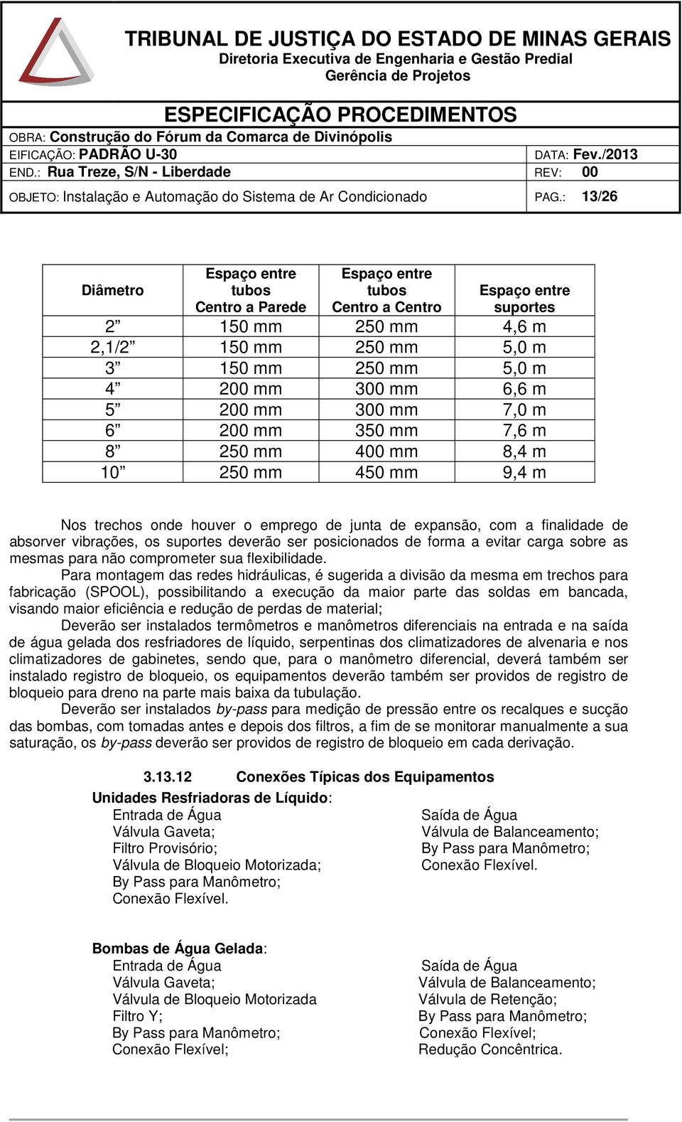 m 5 200 mm 300 mm 7,0 m 6 200 mm 350 mm 7,6 m 8 250 mm 400 mm 8,4 m 10 250 mm 450 mm 9,4 m Nos trechos onde houver o emprego de junta de expansão, com a finalidade de absorver vibrações, os suportes