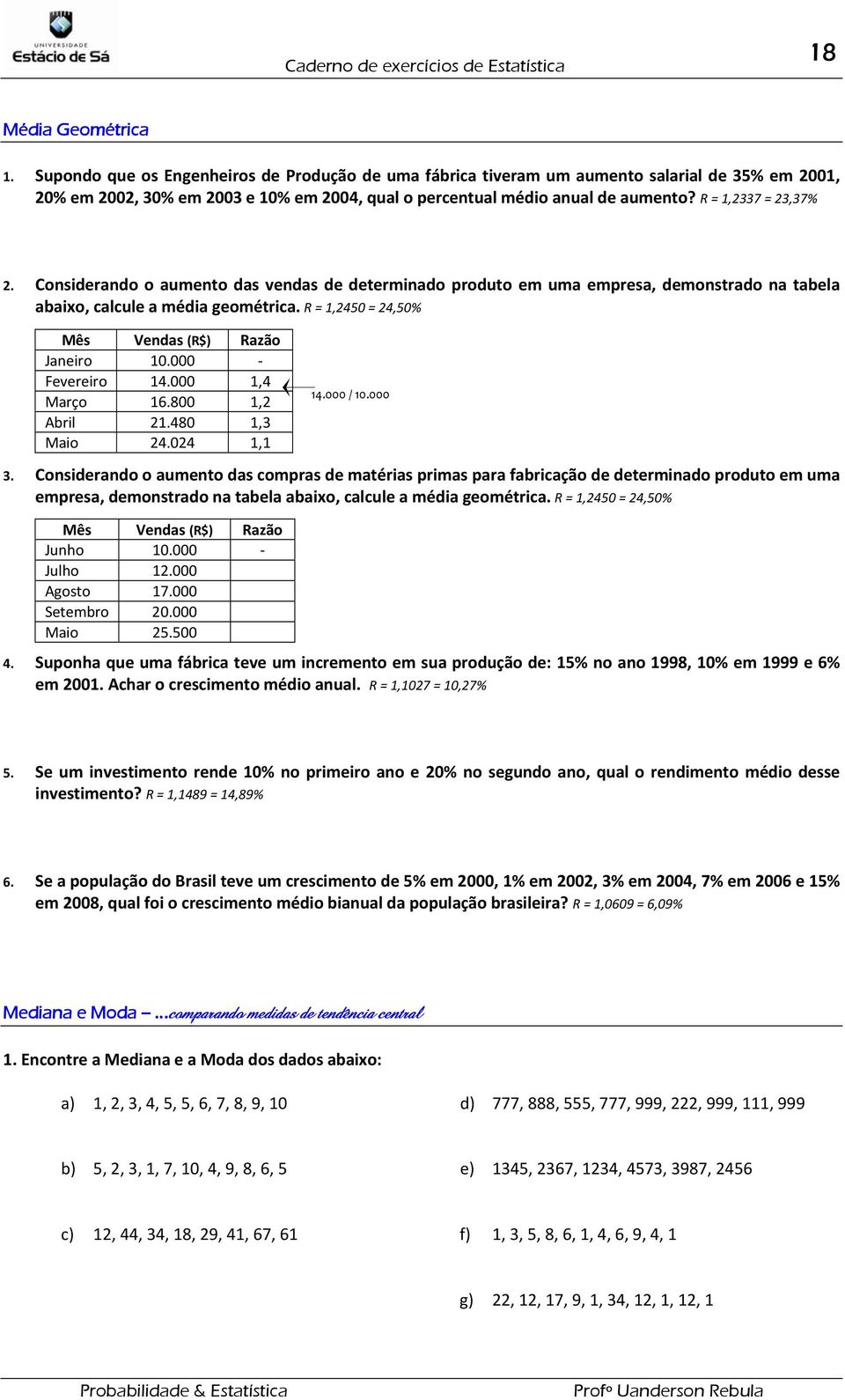 R = 1,450 = 4,50% Mês Vendas (R$) Razão Janeiro 10.000 Fevereiro 14.000 1,4 Março 1.800 1, Abril 1.480 1,3 Maio 4.04 1,1 14.000 / 10.000 3.