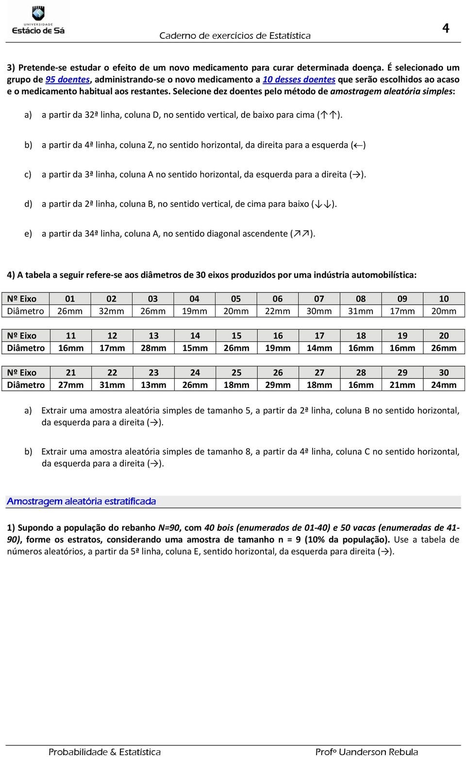 Selecione dez doentes pelo método de amostragem aleatória simples: a) a partir da 3ª linha, coluna D, no sentido vertical, de baixo para cima ( ).