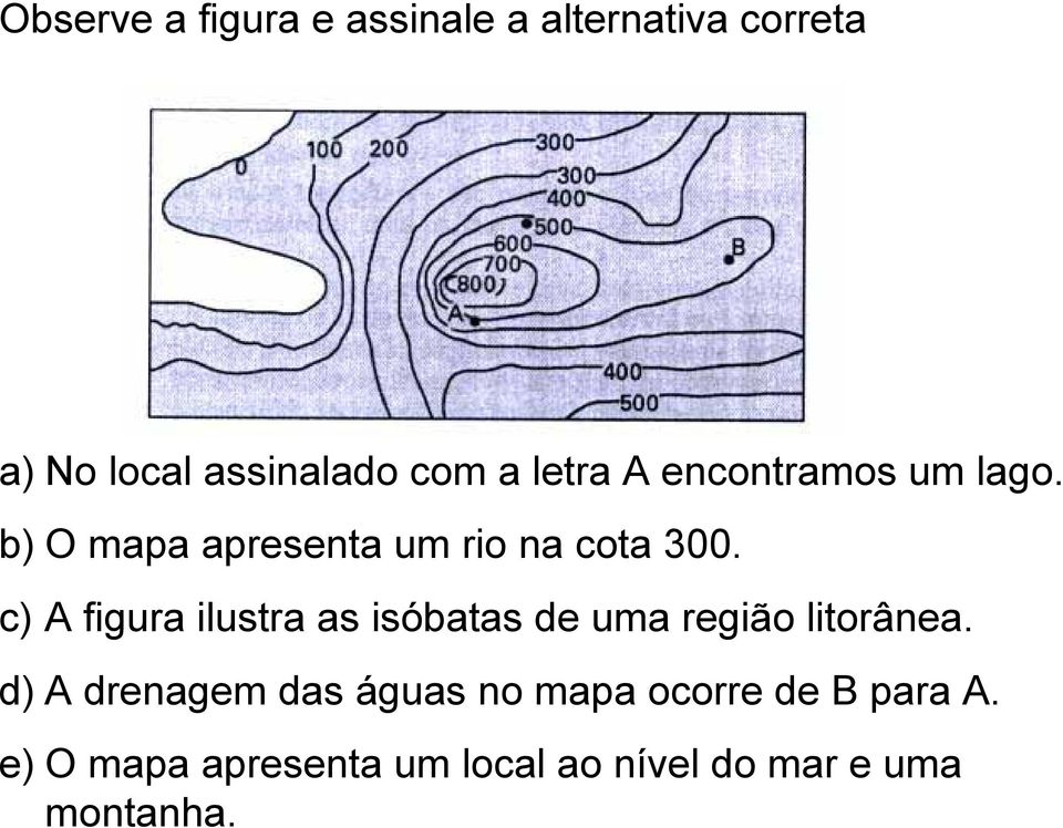 c) A figura ilustra as isóbatas de uma região litorânea.