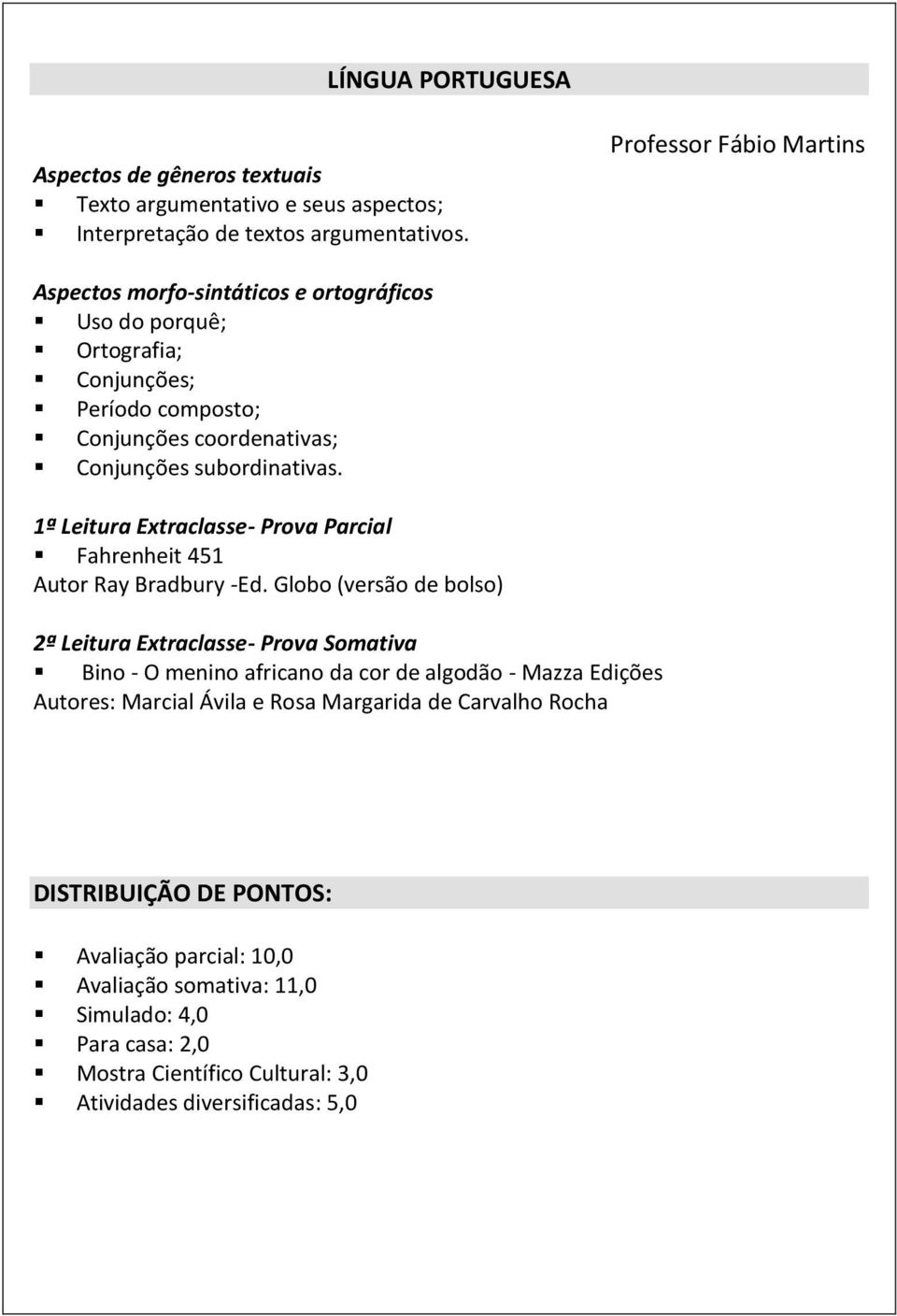 coordenativas; Conjunções subordinativas. 1ª Leitura Extraclasse- Prova Parcial Fahrenheit 451 Autor Ray Bradbury -Ed.