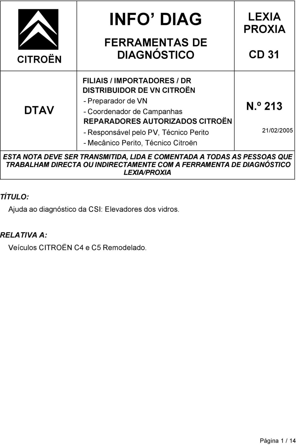 º 213 21/02/2005 ESTA NOTA DEVE SER TRANSMITIDA, LIDA E COMENTADA A TODAS AS PESSOAS QUE TRABALHAM DIRECTA OU INDIRECTAMENTE COM A FERRAMENTA