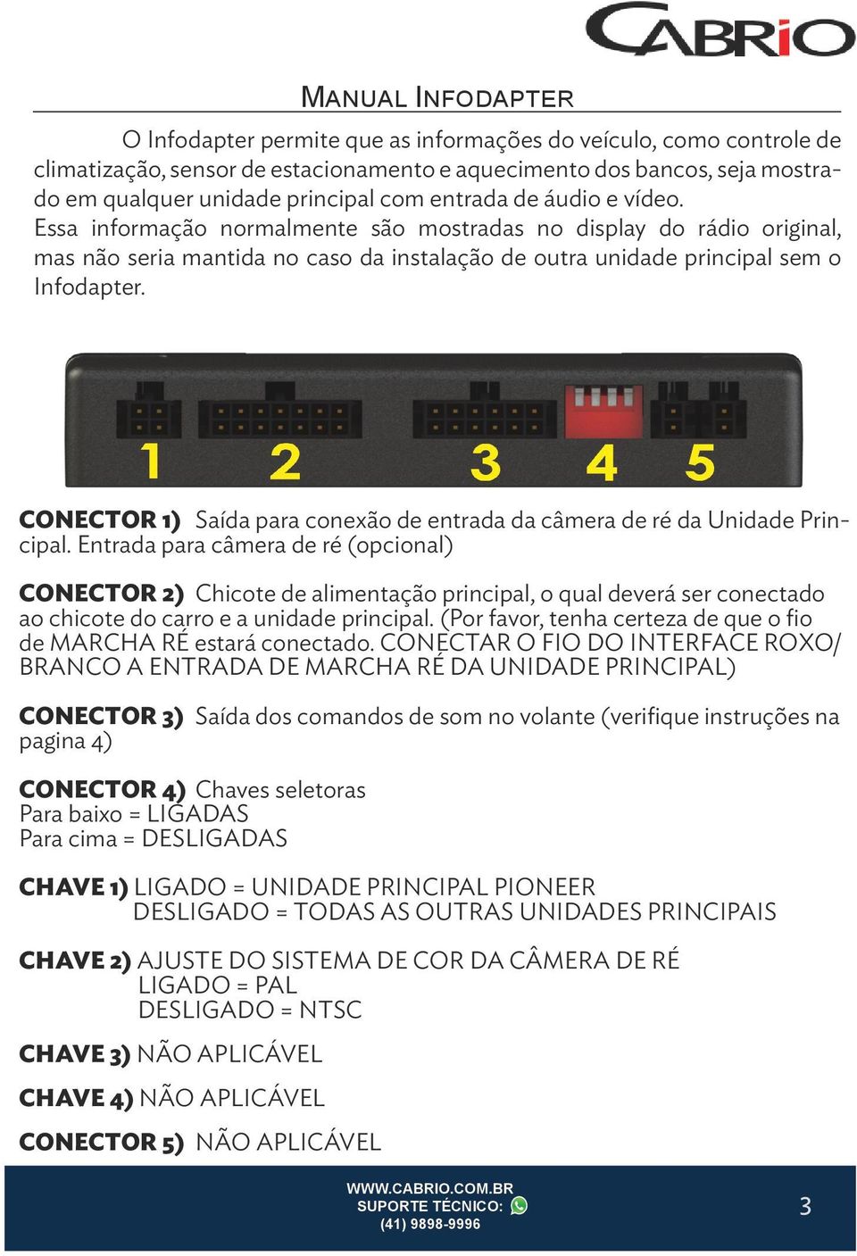 CONECTOR 1) Saída para conexão de entrada da câmera de ré da Unidade Principal.