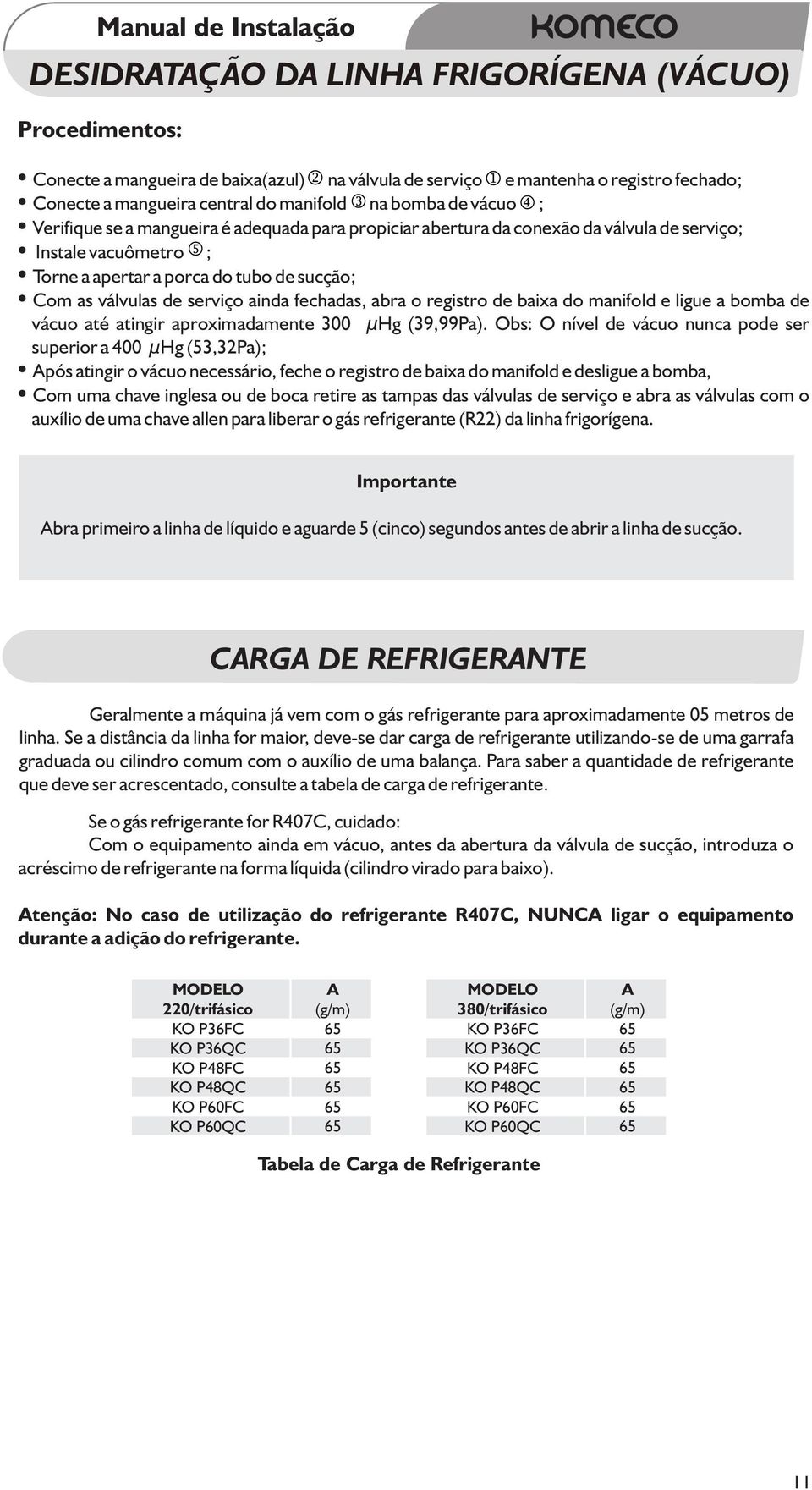 fechadas, abra o registro de baixa do manifold e ligue a bomba de vácuo até atingir aproximadamente 300 µhg (39,99Pa).