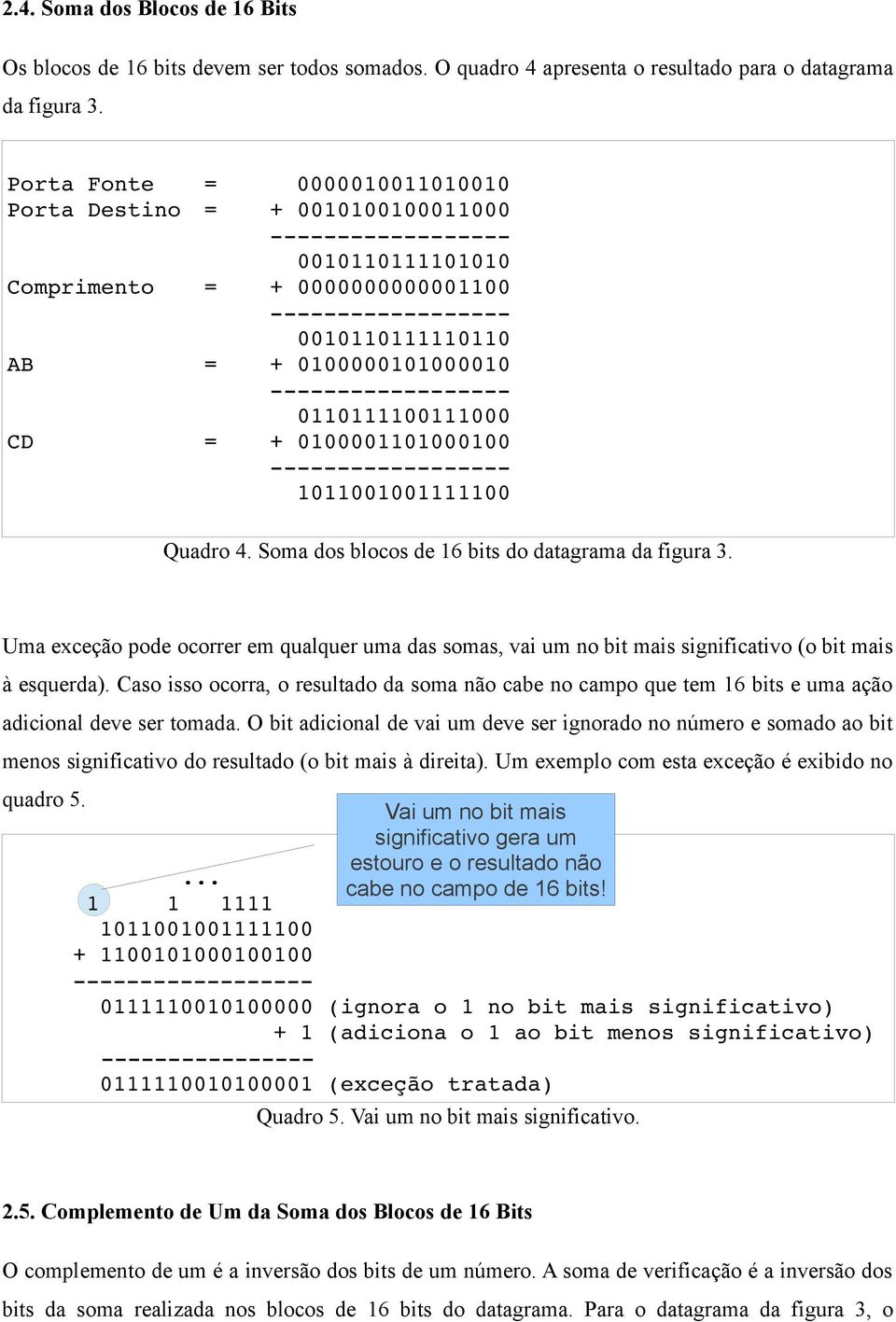 1011001001111100 Quadro 4. Soma dos blocos de 16 bits do datagrama da figura 3. Uma exceção pode ocorrer em qualquer uma das somas, vai um no bit mais significativo (o bit mais à esquerda).