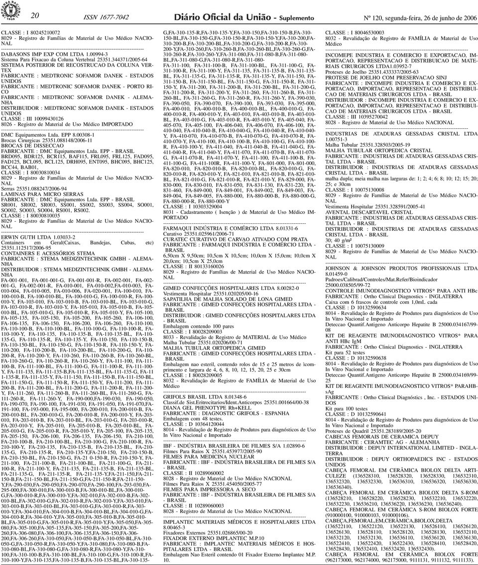 SOFAMOR DANEK - ALEMA- NHA DISTRIBUIDOR : MEDTRONIC SOFAMOR DANEK - ESTADOS UNIDOS CLASSE : III 10099430126 8026 - Registro de Material de Uso Médico IMPORTADO DMC Equipamentos Ltda. EPP 8.