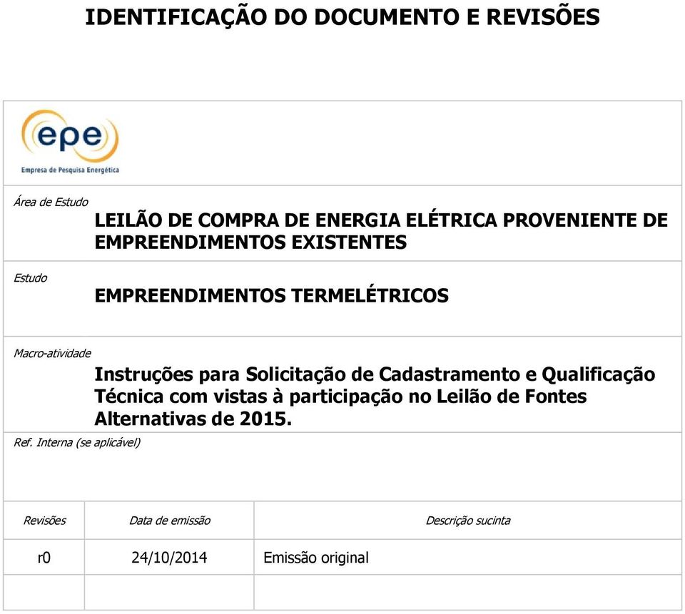 Solicitação de Cadastramento e Qualificação Técnica com vistas à participação no Leilão de Fontes