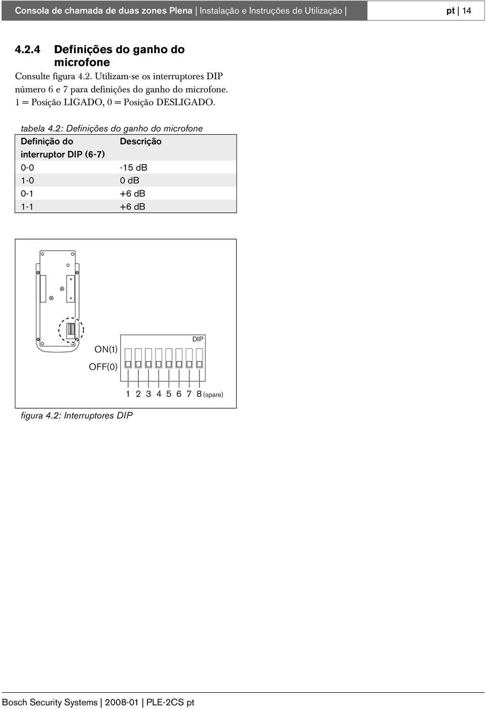 Utilizam-se os interruptores DIP número 6 e 7 para definições do ganho do microfone.