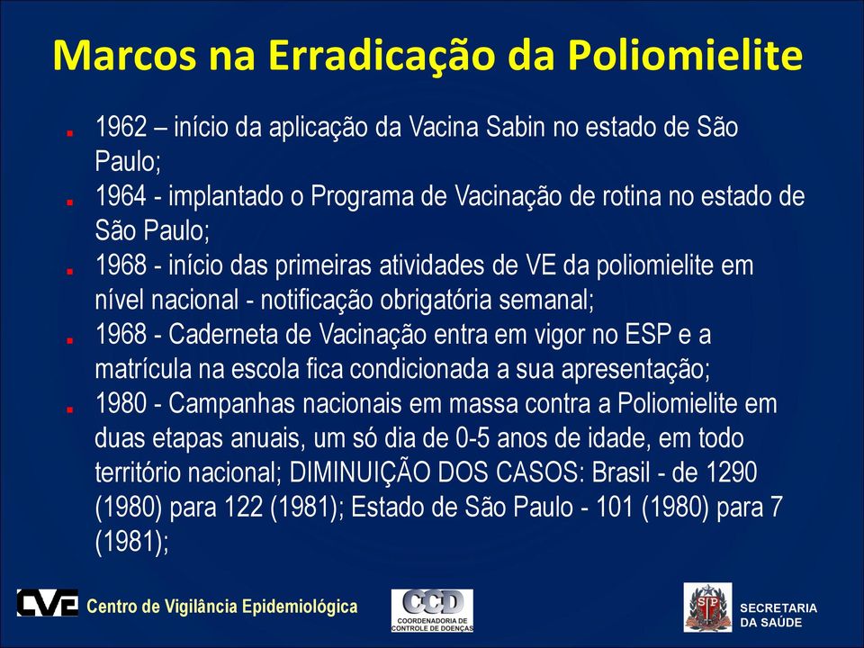 em vigor no ESP e a matrícula na escola fica condicionada a sua apresentação; 1980 - Campanhas nacionais em massa contra a Poliomielite em duas etapas anuais, um só