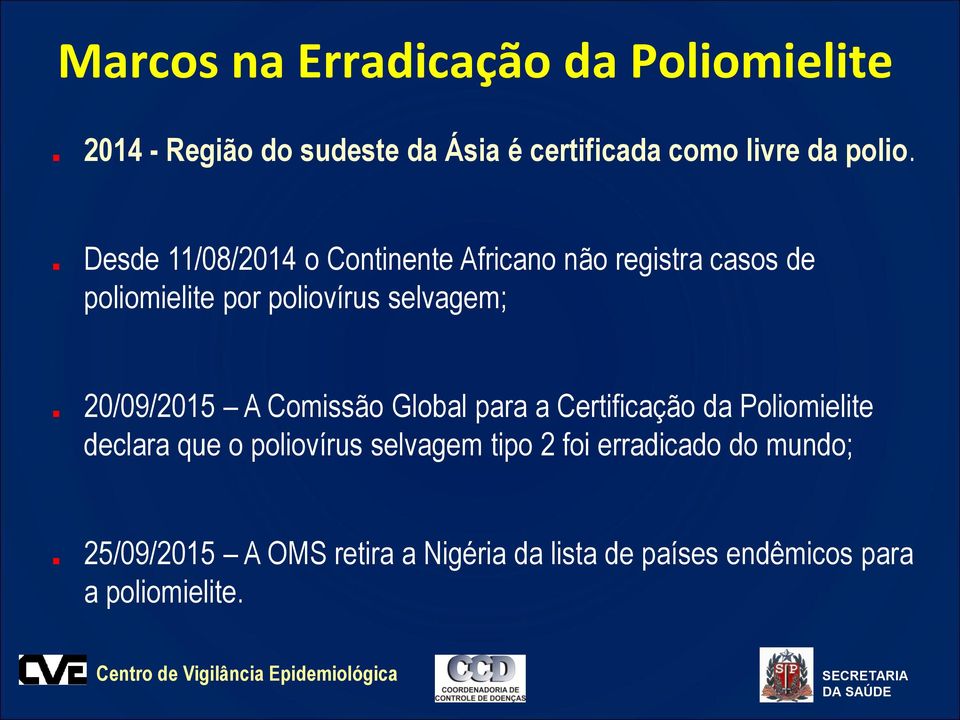 20/09/2015 A Comissão Global para a Certificação da Poliomielite declara que o poliovírus selvagem tipo