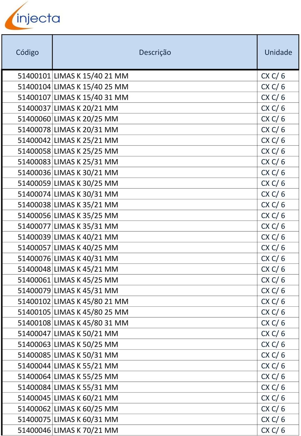 LIMAS K 30/31 MM CX C/ 6 51400038 LIMAS K 35/21 MM CX C/ 6 51400056 LIMAS K 35/25 MM CX C/ 6 51400077 LIMAS K 35/31 MM CX C/ 6 51400039 LIMAS K 40/21 MM CX C/ 6 51400057 LIMAS K 40/25 MM CX C/ 6