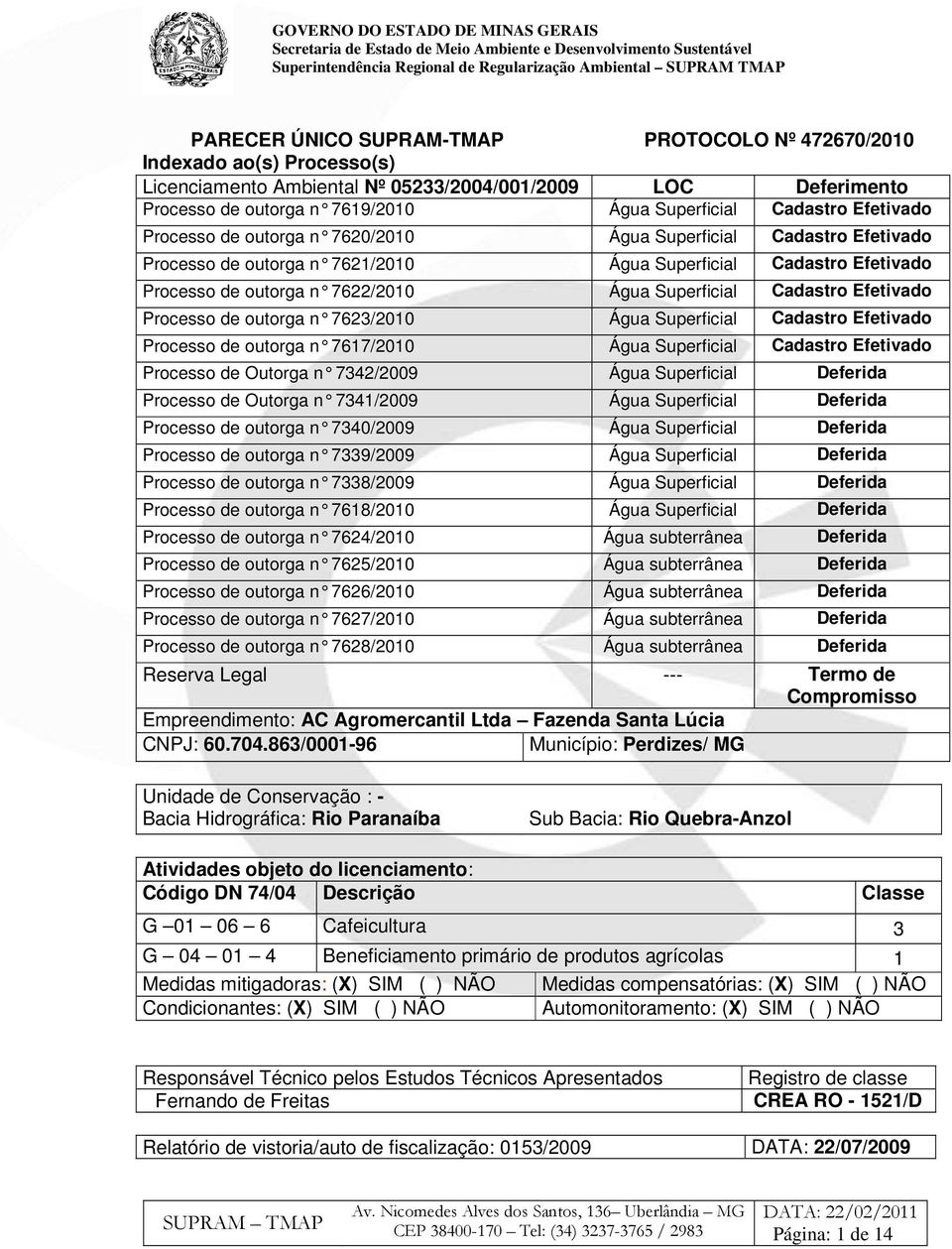 Cadastro Efetivado Processo de outorga n 7623/2010 Água Superficial Cadastro Efetivado Processo de outorga n 7617/2010 Água Superficial Cadastro Efetivado Processo de Outorga n 7342/2009 Água