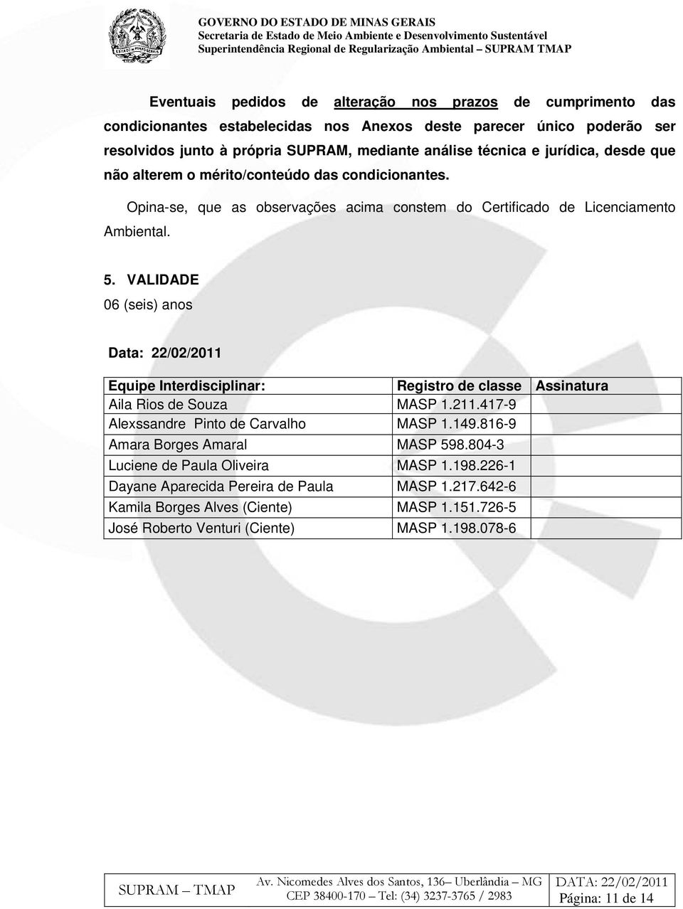 VALIDADE 06 (seis) anos Data: 22/02/2011 Equipe Interdisciplinar: Registro de classe Assinatura Aila Rios de Souza MASP 1.211.417-9 Alexssandre Pinto de Carvalho MASP 1.149.