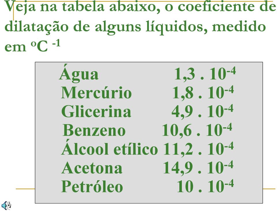 10-4 Mercúrio 1,8. 10-4 Glicerina 4,9.