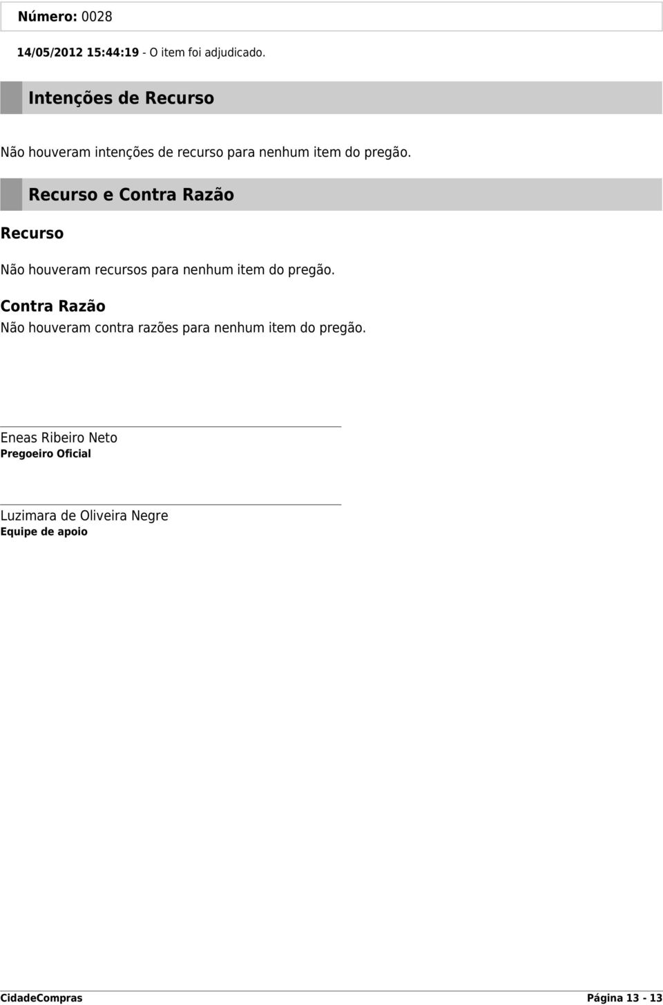 Recurso e Contra Razão Recurso Não houveram recursos para nenhum item do pregão.