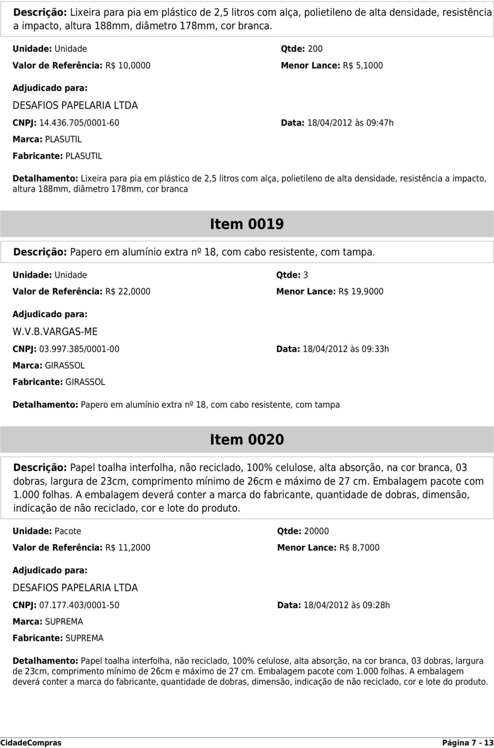 705/0001-60 Data: 18/04/2012 às 09:47h Marca: PLASUTIL Fabricante: PLASUTIL Detalhamento: Lixeira para pia em plástico de 2,5 litros com alça, polietileno de alta densidade, resistência a impacto,