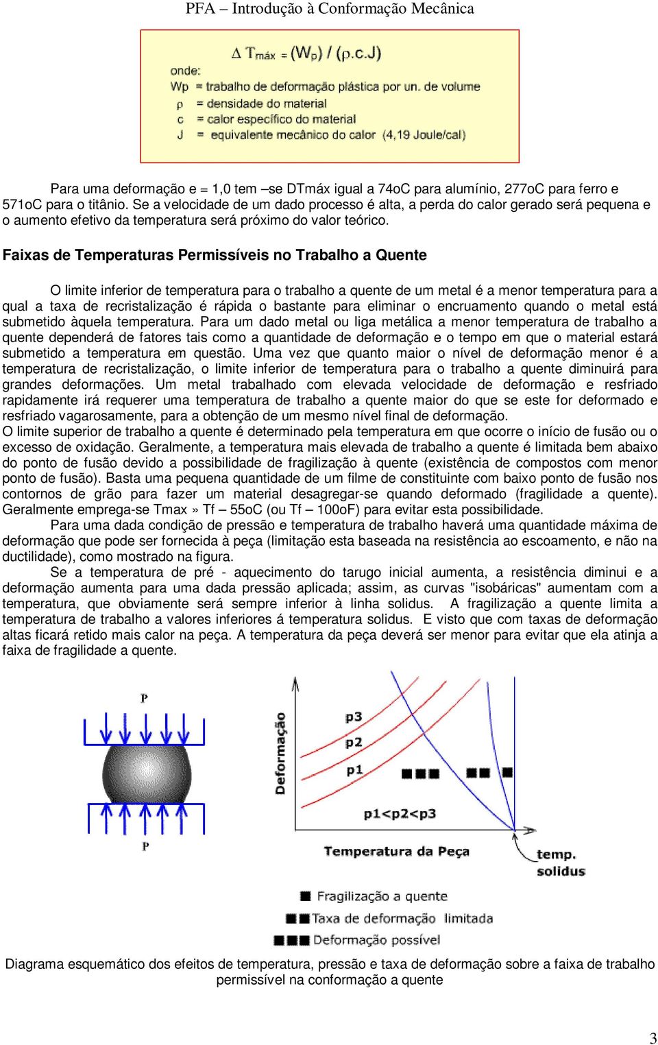 Faixas de Temperaturas Permissíveis no Trabalho a Quente O limite inferior de temperatura para o trabalho a quente de um metal é a menor temperatura para a qual a taxa de recristalização é rápida o