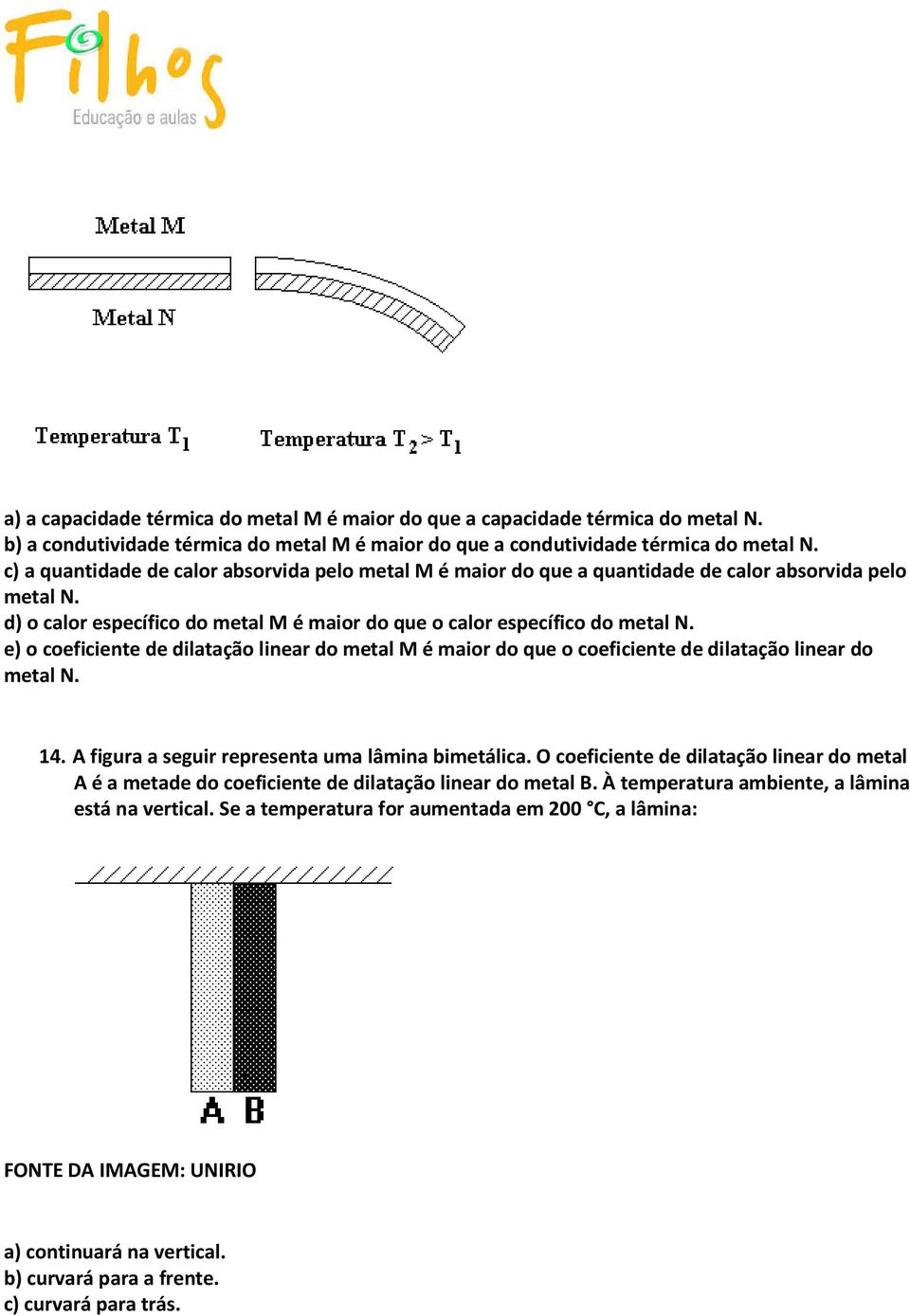 e) o coeficiente de dilatação linear do metal M é maior do que o coeficiente de dilatação linear do metal N. 14. A figura a seguir representa uma lâmina bimetálica.