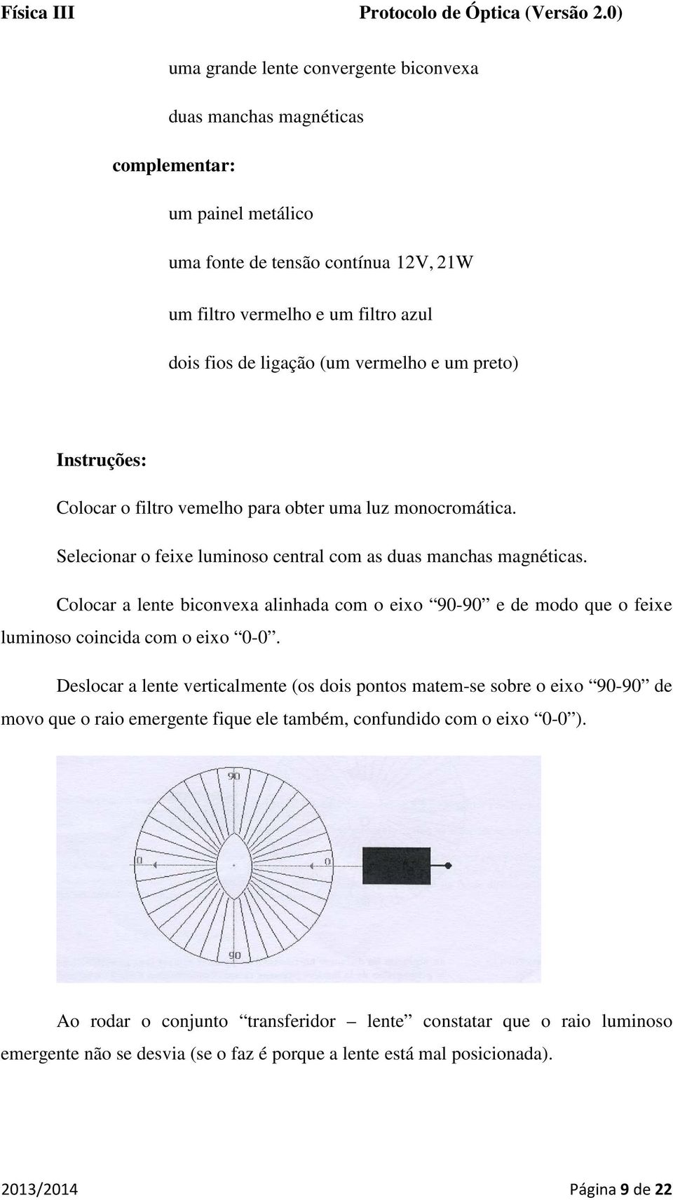 Colocar a lente biconvexa alinhada com o eixo 90-90 e de modo que o feixe luminoso coincida com o eixo 0-0.