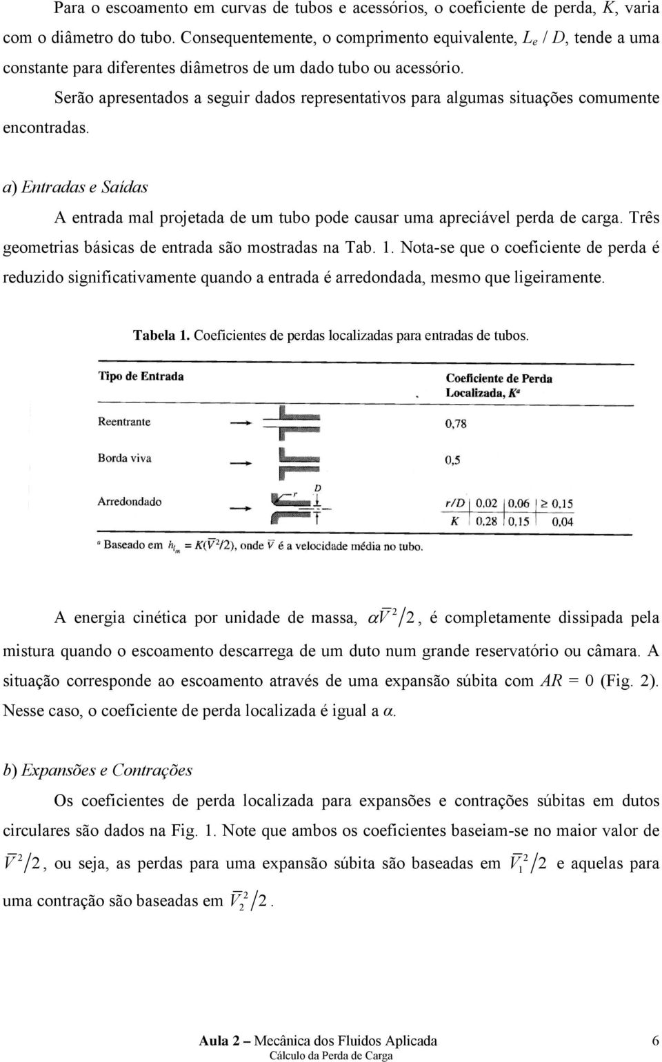 Serão apresentados a seguir dados representativos para algumas situações comumente encontradas. a) Entradas e Saídas A entrada mal projetada de um tubo pode causar uma apreciável perda de carga.